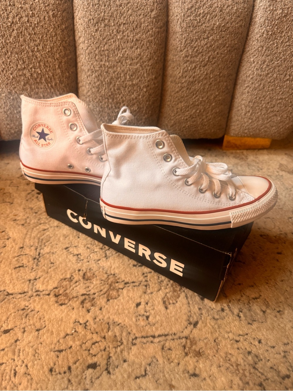 Converse White High-Top Sneakers with Red & Blue Accents